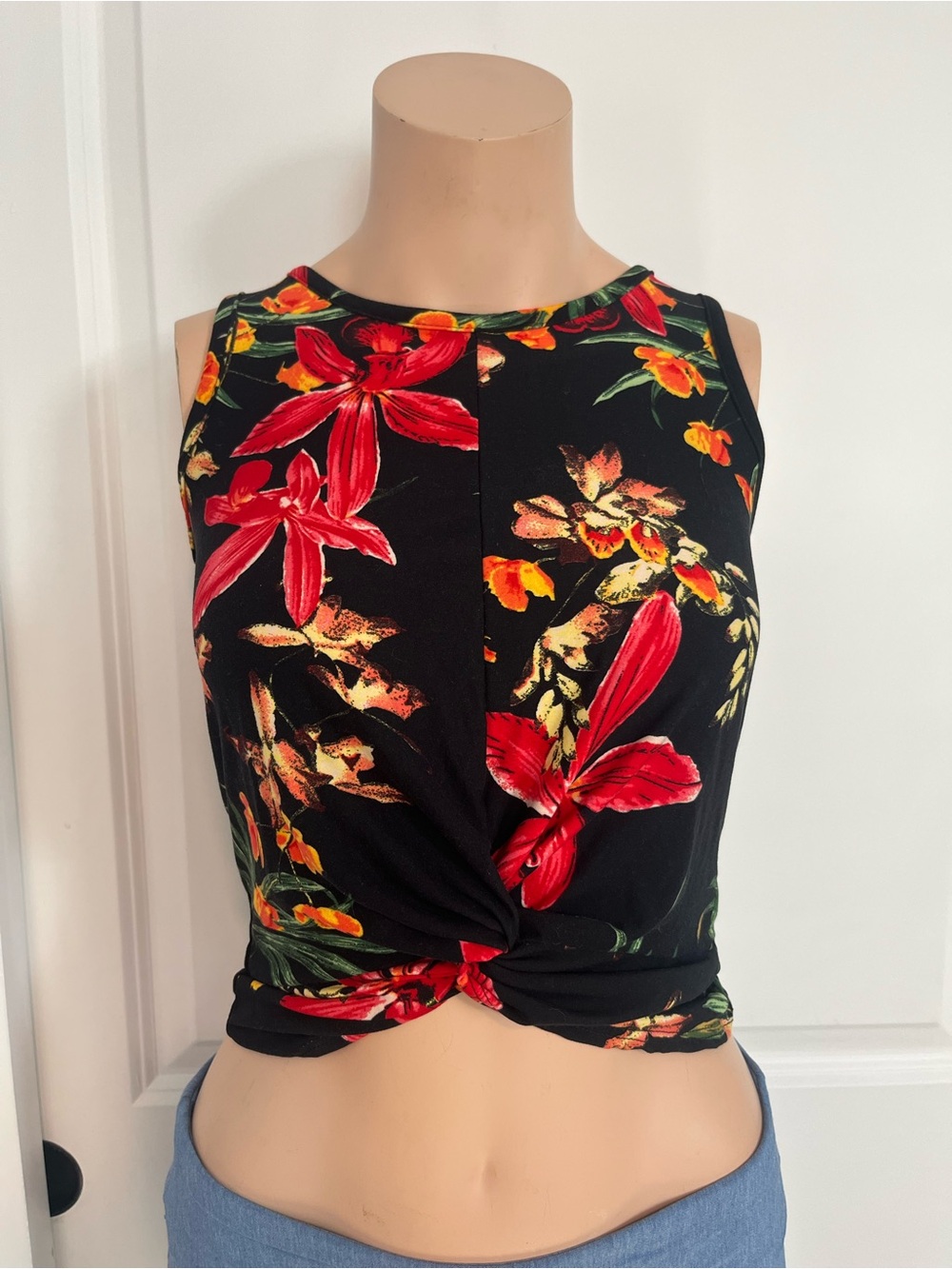 First Love Black Floral Twist-Front Crop Top with Red & Yellow Blooms